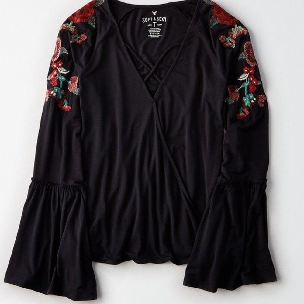 AEO Soft and Sexy Embroidered Bell Sleeve Top XS